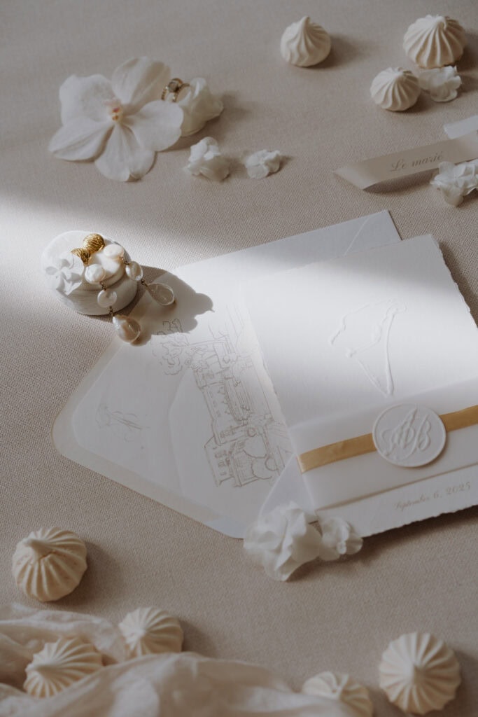 Elegante Hochzeitseinladung mit cremefarbenen und goldenen Akzenten, umgeben von zarten Blumen und Schmuck für eine stilvolle Brautveranstaltung.